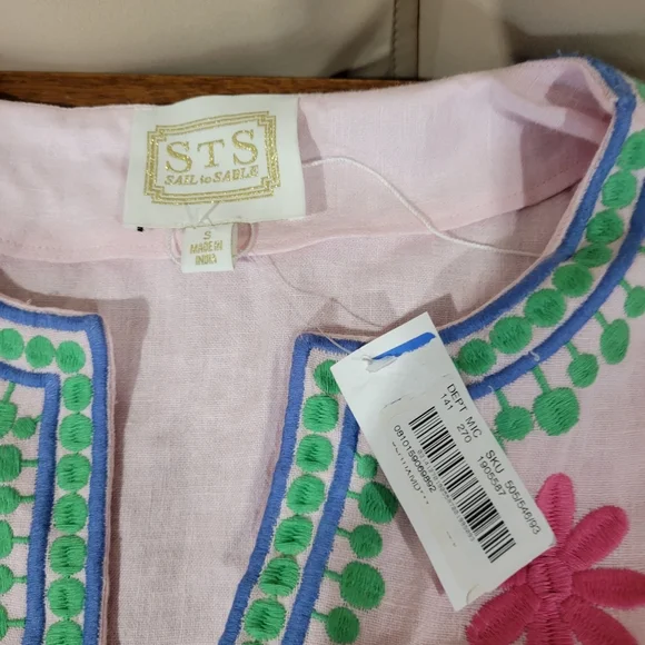 Sail to Sable Pink/Green Embroidered Maxi Size S NWT Resortwear Caftan - Picture 7 of 9